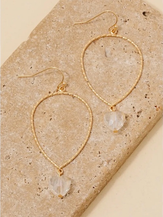 Jewelry - Gold Teardrop Hoop Earrings with Clear Crystal Heart